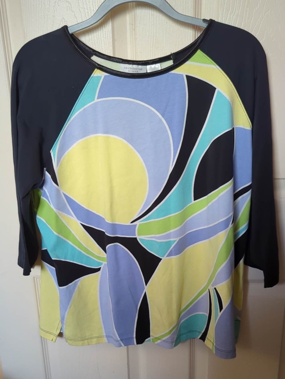Liz Claiborne Women's Black--Blue-Green 3/4 Sleeve Abstract Top